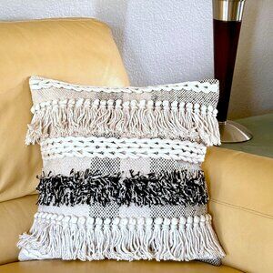 Contemporary Boho Woven Beige Dark Gray Tasseled Tufted 18" Throw Pillow Cover